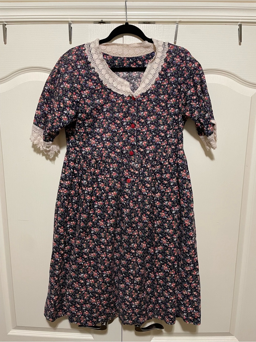 Vintage Hand Made Floral Lace-Trim Midi Dress in Navy and Pink